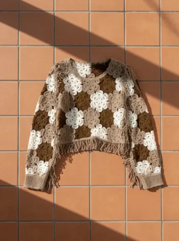 Pull crochet à franges, manches longues, taille M, fleurs rétro bohème chic