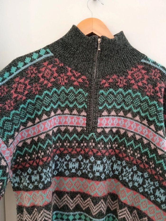 Pull col camionneur gris et multicolore vintage - photo numéro 4