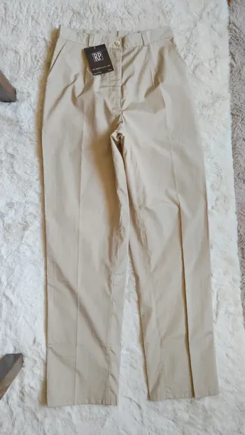 Pantalon vintage jean large en tissu léger beige taille haute