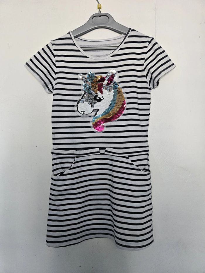 Robe marinière à manches courtes fille - Taille 8 ans - Licorne en sequins