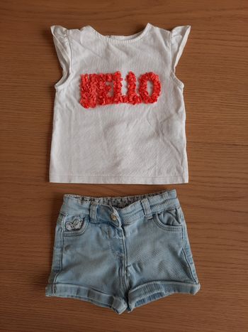 Ensemble fille short en jean et t-shirt blanc 9 mois
