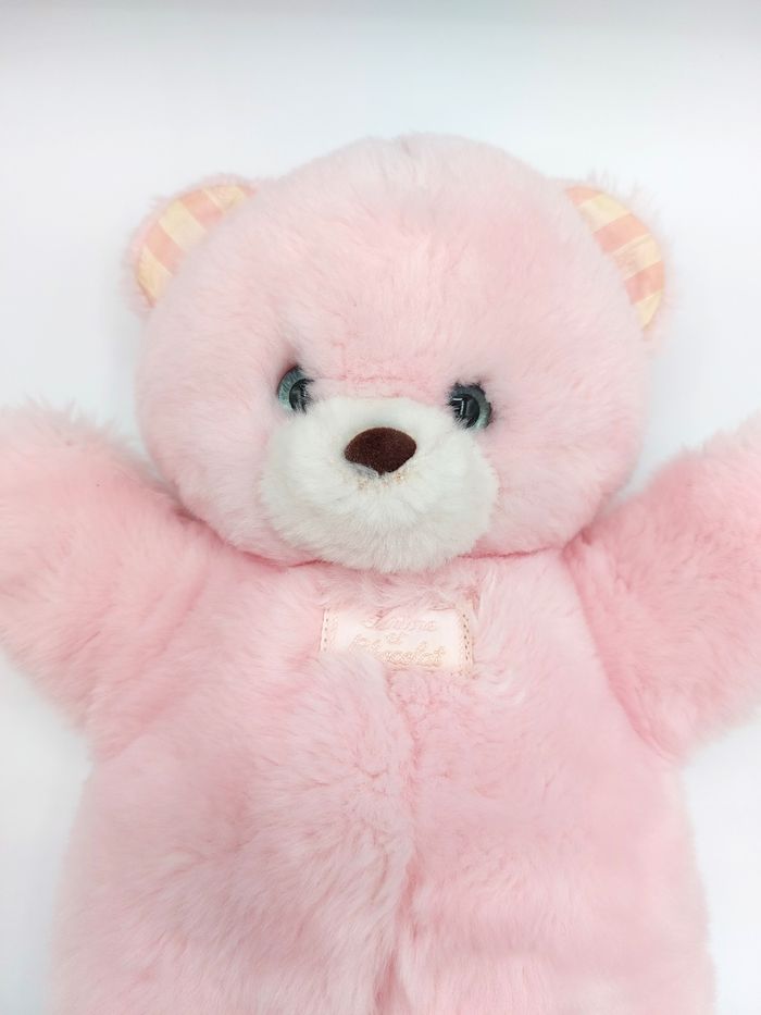Ancien doudou peluche ours rose TARTINE ET CHOCOLAT VINTAGE 30 cm yeux bleus dur rayures - photo numéro 2