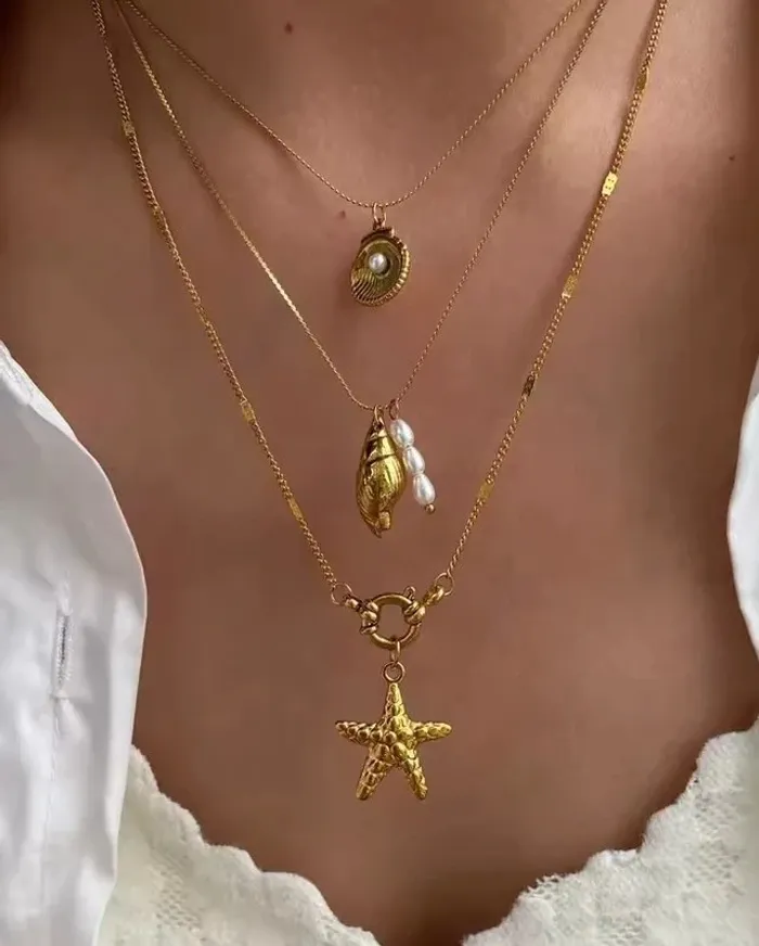 Set 3 colliers dorés pendentifs coquillage perle étoile de mer acier inoxydable – Neuf