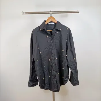 Chemise noire coton perles brodées Elenza by L&l – taille M/L – manches longues A1273