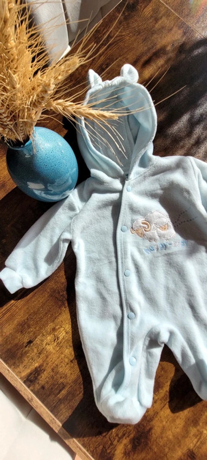 Mignonne combinaison Vintage combi-pilote à capuche bleu ciel matière polaire 3mois - photo numéro 4