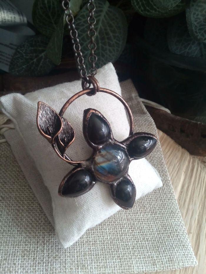 Collier de protection en pierres naturelles d'obsidienne et de labradorite