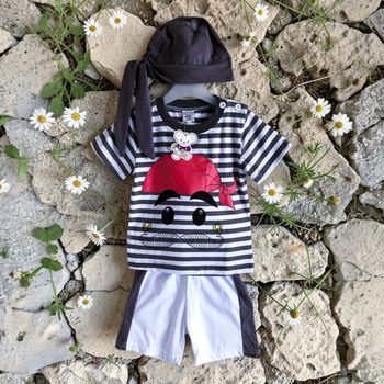 NEW - ENSEMBLE 3P GARCON PETIT PIRATE DES MERS TEE-SHIRT + SHORT + BANDANA 2/3A