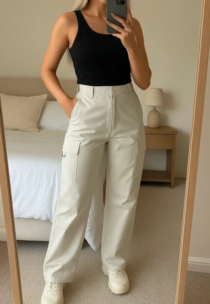🩷 Pantalon Cargo Ajusté et Évasé taille Xs – Look Chic et Confortable.
