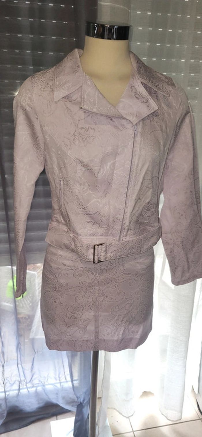 💜 ensemble veste et jupe style perfecto ceinturée effet jacquard lilas - photo numéro 2