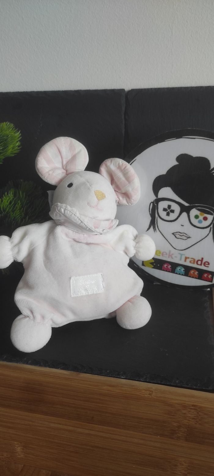 Doudou semi plat souris blanche rose tartine et chocolat ancien rayé Peluche