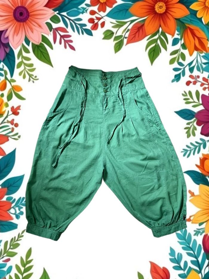 🌿Sarouel lin vert vintage taille 36/38 boho hippie ethnic festival green linen harem pants🌿
