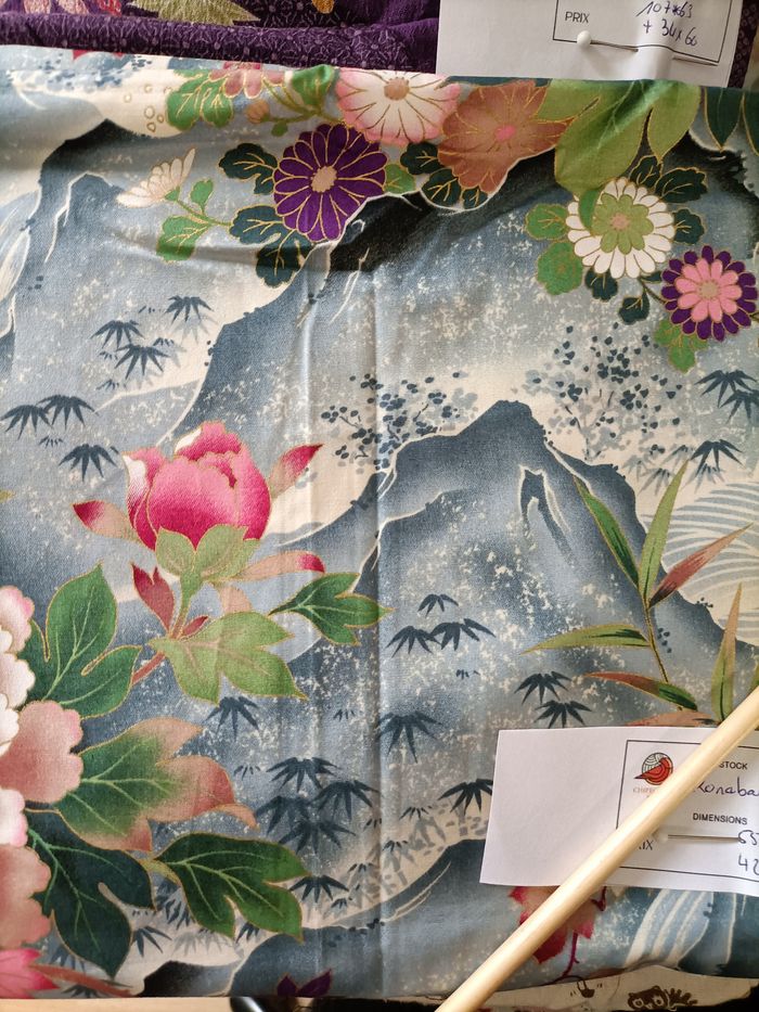 🏡 Coupon coton japonais – paysage montagne et pivoines