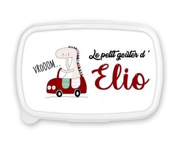 Boîte à goûter personnalisée prénom dinosaure voiture – Fond bleu – Lunch box garçon – Rentrée scolaire maternelle ou crèche