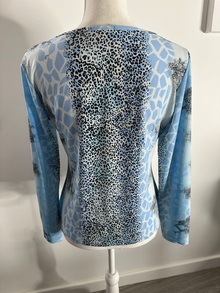 Blouse à manches longues léopard girafe bleu clair et noir Y2K Vintage T42/44 XL/XXL - photo numéro 3