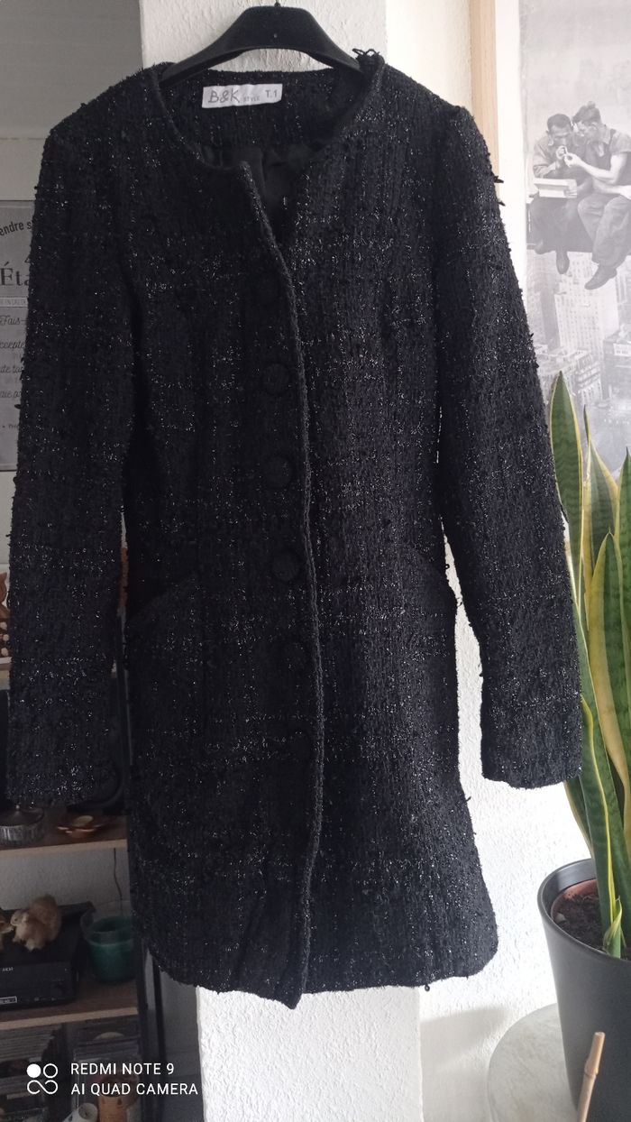 Manteau caban col rond noir et fils argent taille S bon état