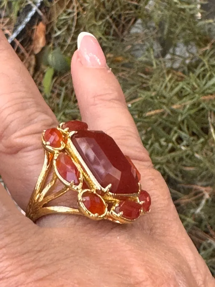 Grosse bague habaha Paris tout en cornaline et acier inoxydable or - photo numéro 3