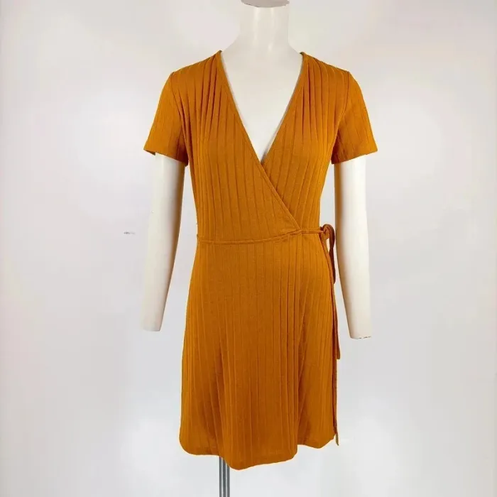 robe portefeuille jaune moutarde trafaluc - cache coeur cotelée - taille S - A312