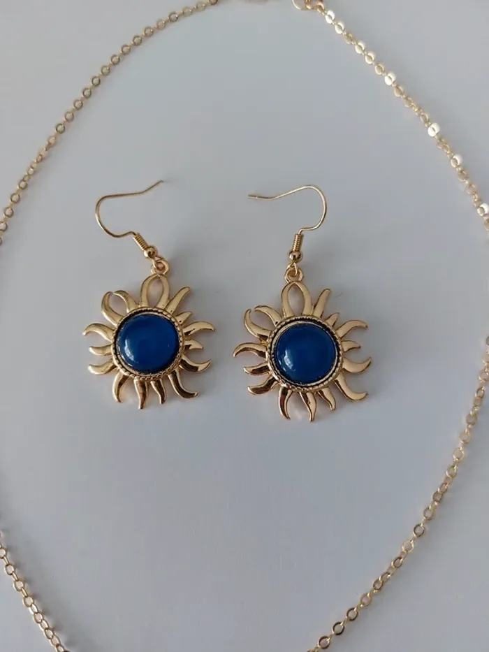 Parure collier et boucles d'oreilles  - soleil bleu - acier inoxydable - tendance bohème 🌊 - photo numéro 4