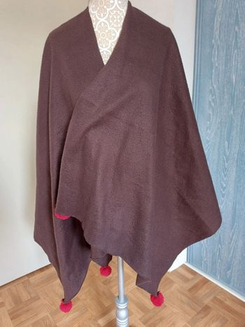 Poncho marron avec pompons rouge