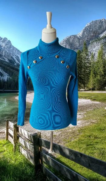 Blouse col roulé bleu, sans marque, taille 38