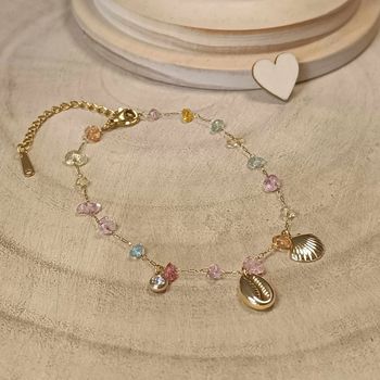 Bracelet doré en acier inoxydable avec pierres colorées et coquillages (neuf)