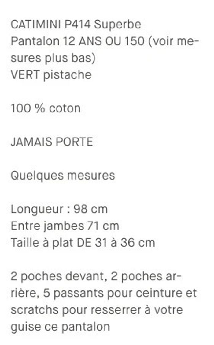 🤩Neuf sublime Pantalon large Catimini P414 100% Coton 12 Ans vert/ kaki jamais porté - photo numéro 6