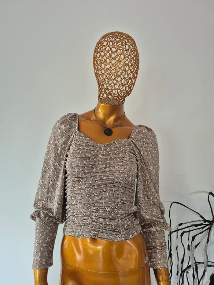 Top Fleuri Taupe Manches Longues Femme Taille M/38