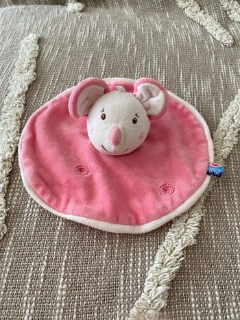 Peluche doudou plat rond 21cm sucre d’orge souris rose et blanche parfait état