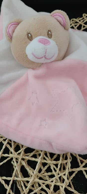 Doudou plat ours blanc rose étoiles TOM & ZOE