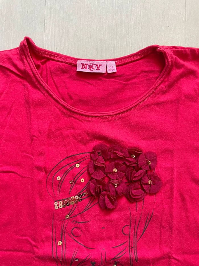 T-shirt fille 12 ans rose avec détails en sequins et fleurs en relief - photo numéro 3