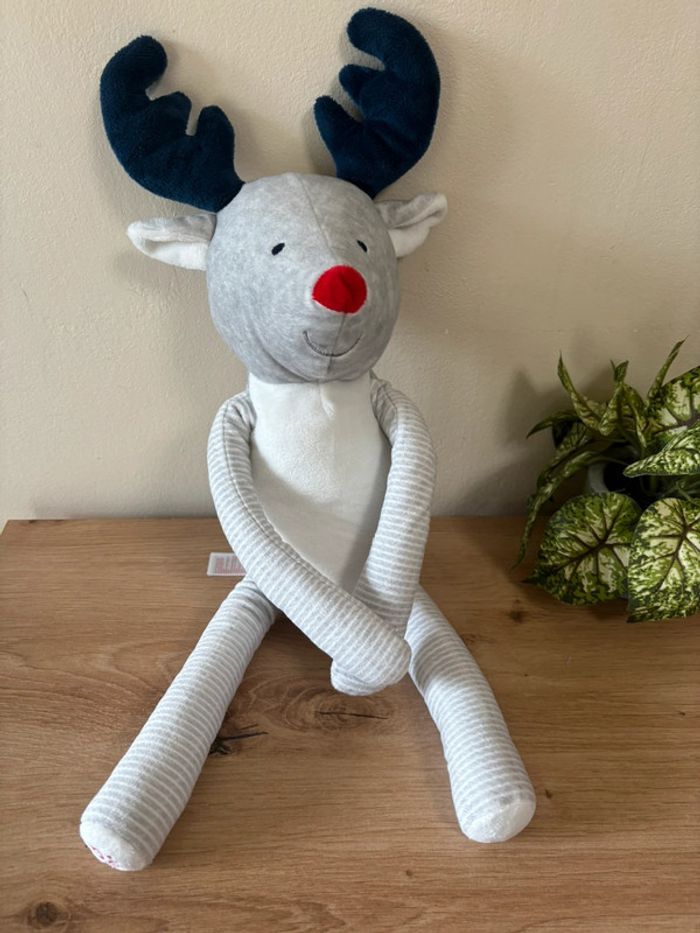 Doudou peluche renne vert gris rayé blanc obaibi