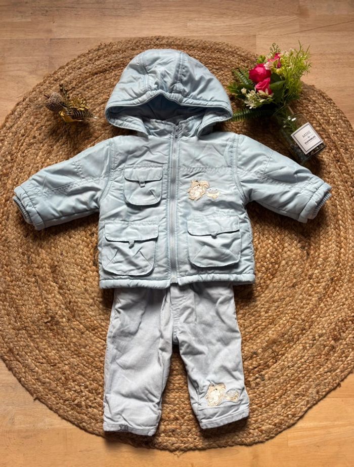 🌺Ensemble doudoune + pantalon chaud bleu clair avec écureuil brodé Taille 6mois/68cm🌺