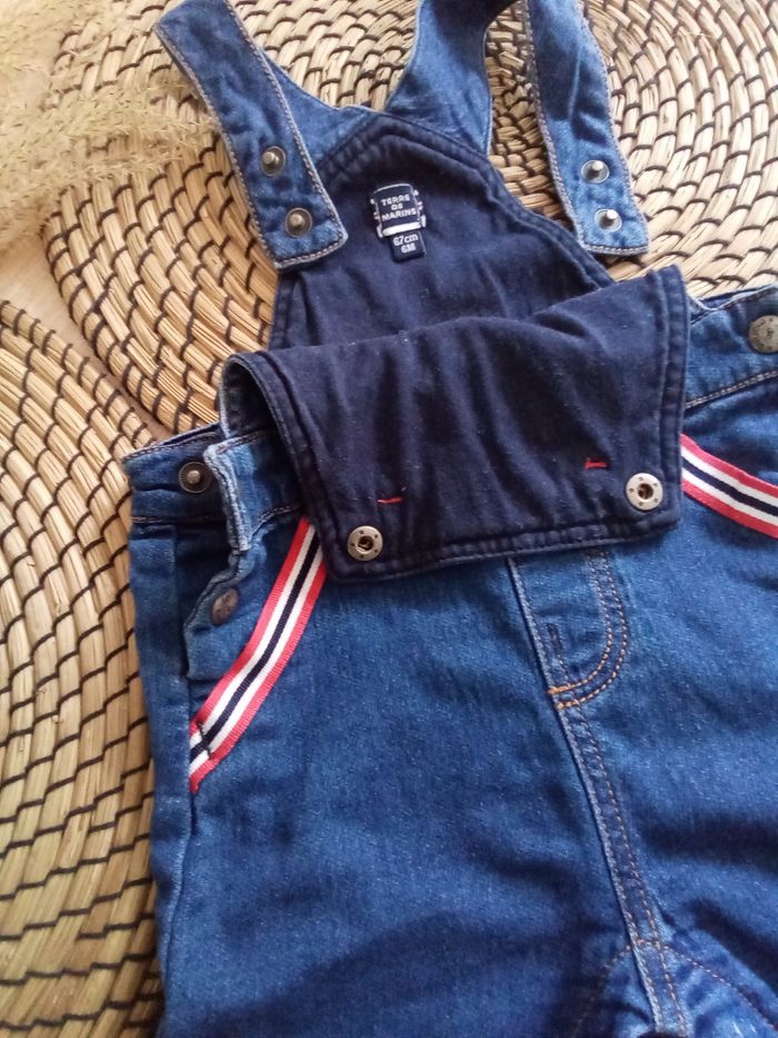 Ensemble salopette jean + tee shirt marin Terre de Marins taille 6 mois - photo numéro 3