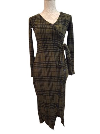 Robe longue vert kaki carreaux pieds poule noir bershka taille XS 34