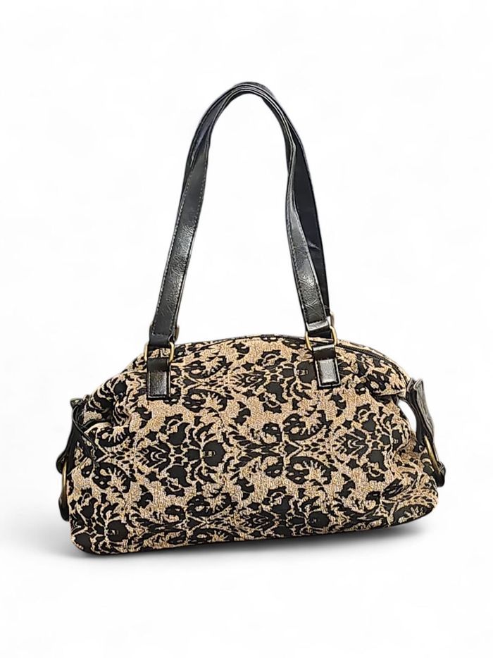 Sac à main vintage chic noir et doré – brocart floral – anse vernie - photo numéro 2