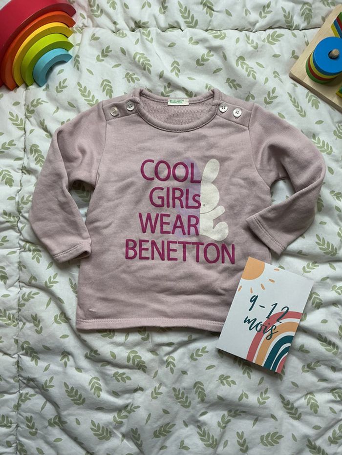 sweat rose benetton inscription devant 9/12 mois - photo numéro 2