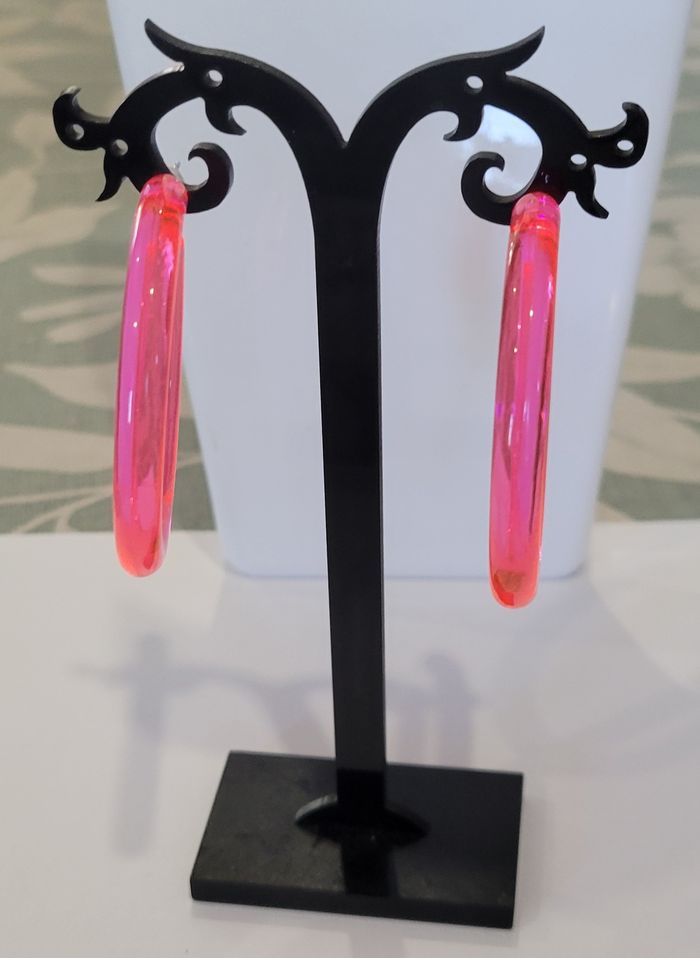boucles d'oreilles creoles anneaux rose fluo party soirée année 80 - photo numéro 2