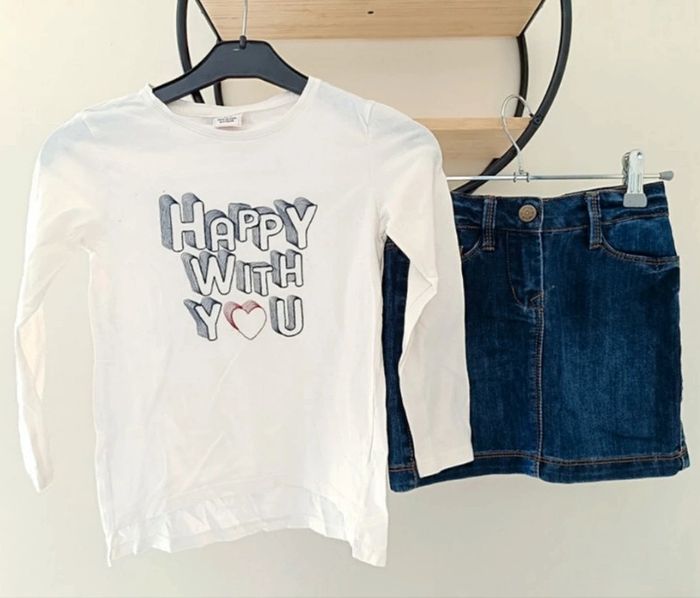 6 ans ensemble Tape a l oeil teeshirt et jupe en jean