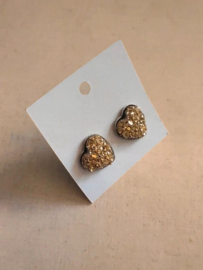 Boucles puces d'oreilles coeur strass doré inox 🇨🇵 Fabrication Artisanale - Ø 12mm - photo numéro 2