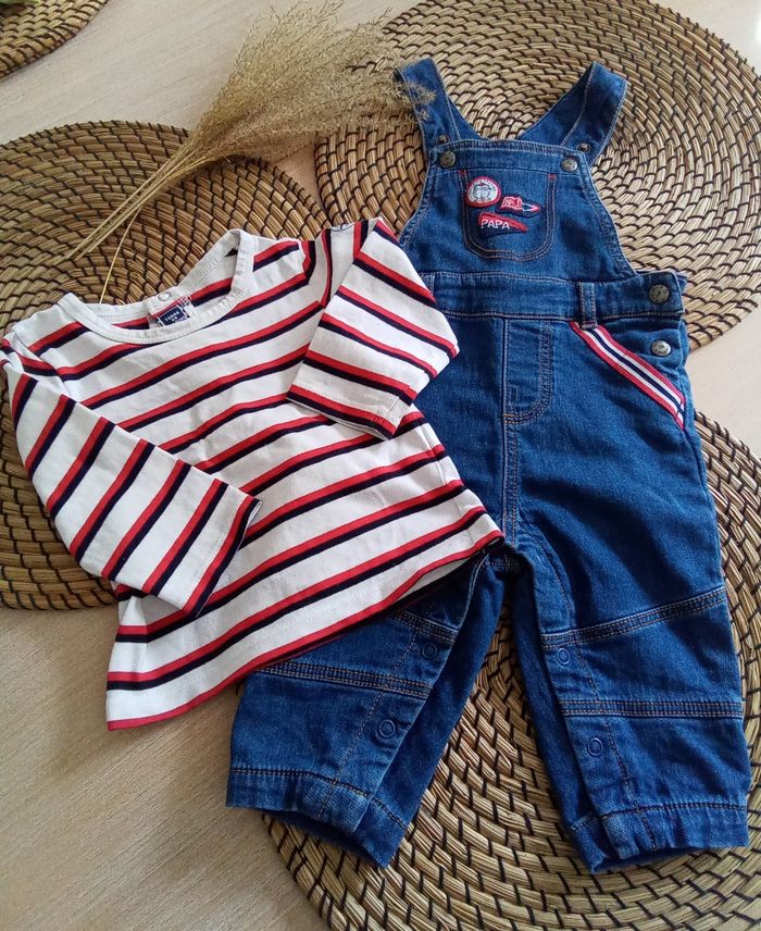Ensemble salopette jean + tee shirt marin Terre de Marins taille 6 mois