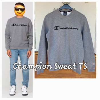 Champion Sweat ML TS- Gris Chiné-Gros logo Noir Devant-Coupe Droite en TBE