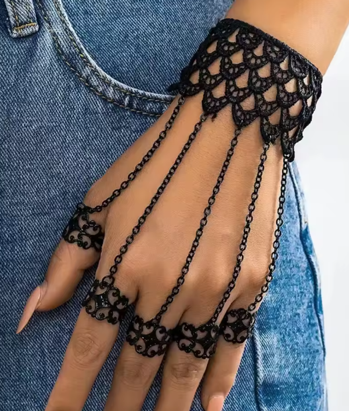 Bracelet bague dos de main bijou * N E U F * noir taille unique réglable dentelle bbnf gothique punk