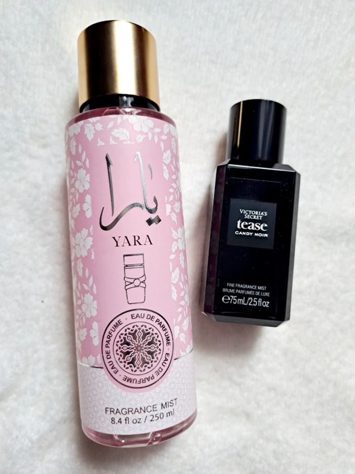 Lot de 2 Brumes corporelles parfumées neuves
💜 Yara Lattafa et Tease Candy Noir Victoria's Secret