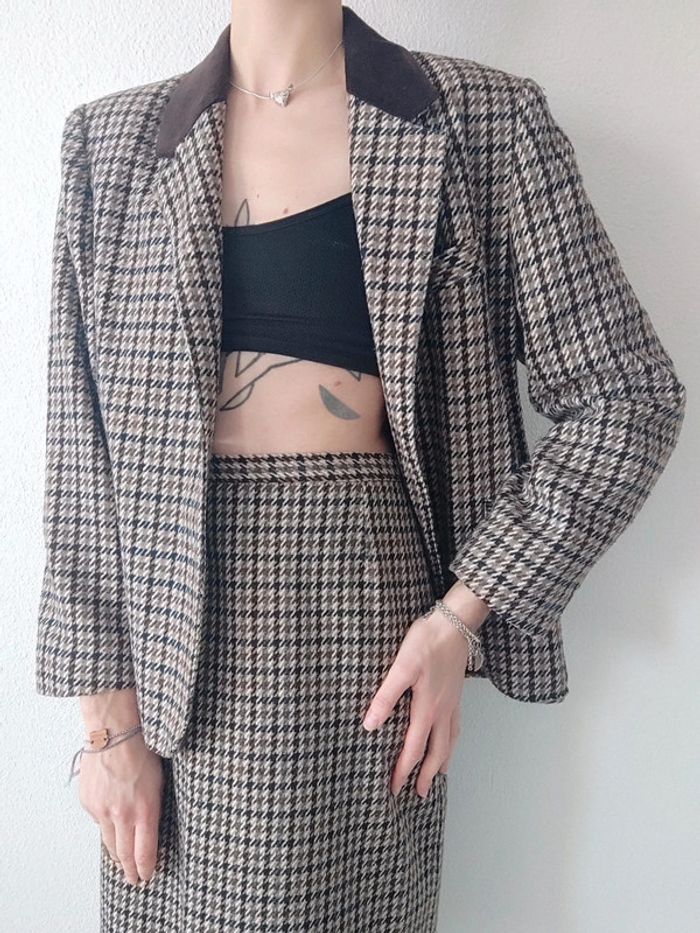 Ensemble tailleur jupe pied de poule marron beige laine vintage / C&A - 38/M ร 40/L - photo numรฉro 5