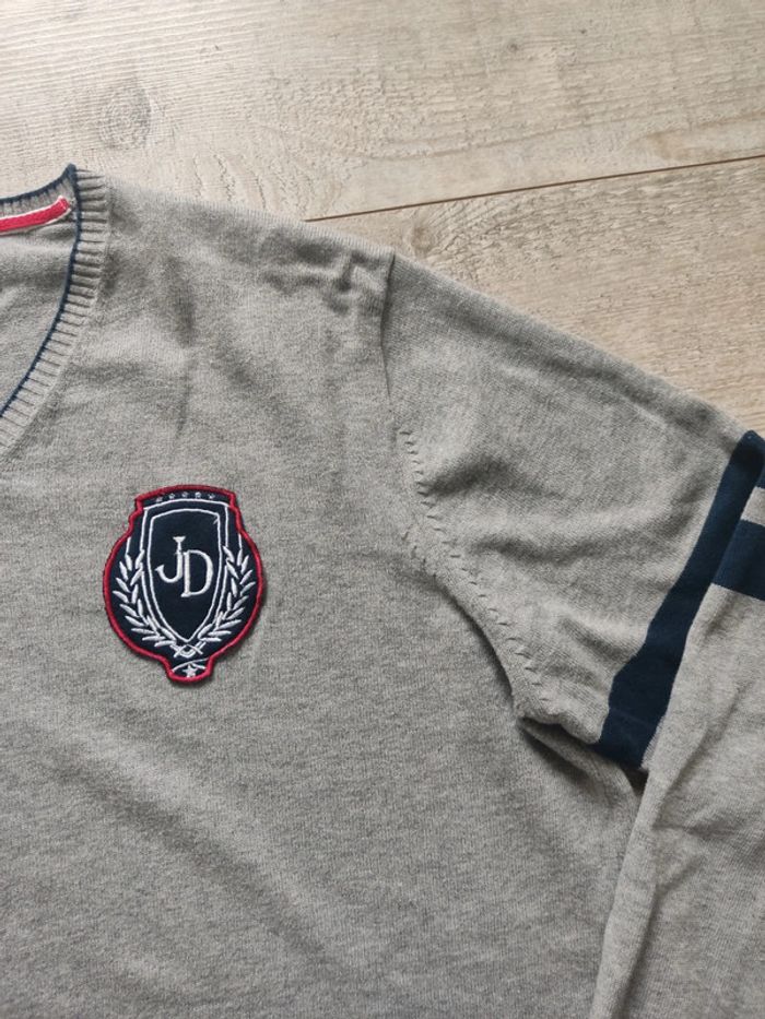 Pull d'hiver manches longues col V gris contours bleu marine patch brodé taille XL Jodhpur - photo numéro 3