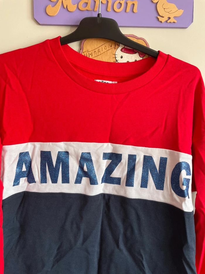 Pull rouge, bleu marine et blanc à motifs, taille 14 ans, marque Gemo. - photo numéro 2