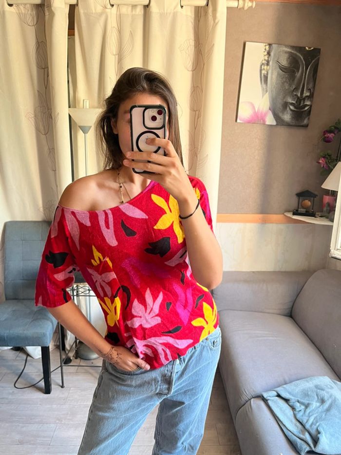 Tee-shirt fleuri rouge halter neck - photo numéro 2