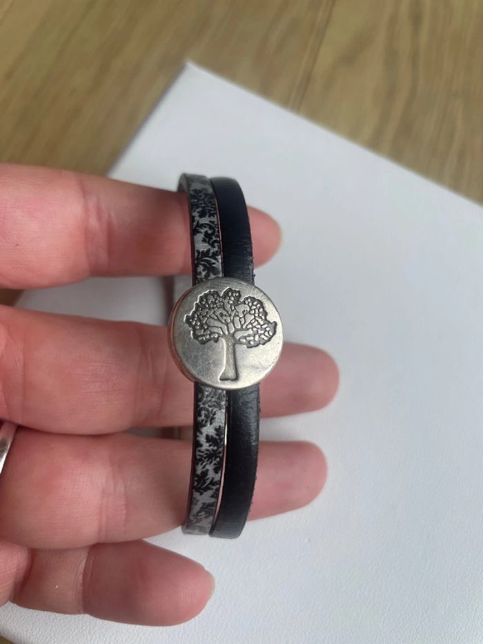 Bracelet jonc deux rangs cuir magnétique arbre de vie - photo numéro 2