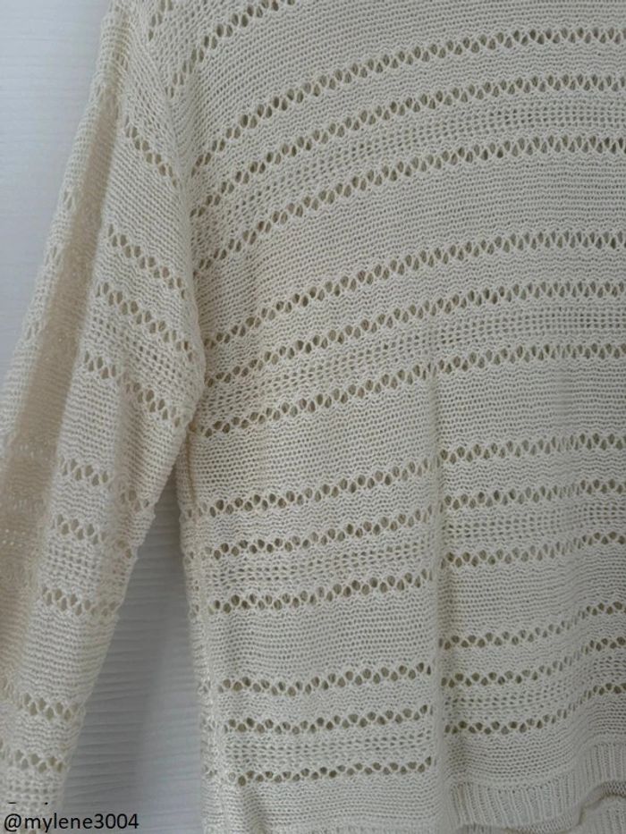 Pull d'hiver en maille et trous blanc crème uni basique simple col rond - photo numéro 2