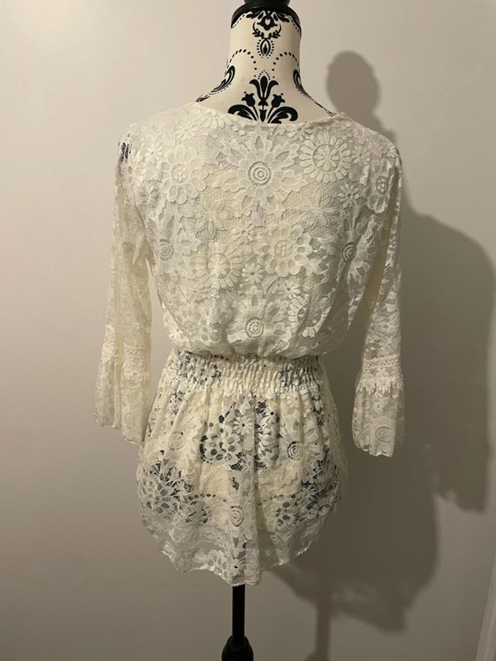 Blouse à manches 3/4 blanc à dentelle col V cache cœur taille élastique neuf lustyle taille 38 - photo numéro 7